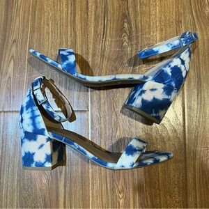 Blue Tie-Dye Block Heel Sandals with Ankle Strap